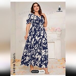 SHEIN Modely Plus Floral Print Shirred Frill Trim Puff Sleeve Dress